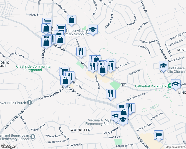 map of restaurants, bars, coffee shops, grocery stores, and more near 8802 Grissom Road in San Antonio