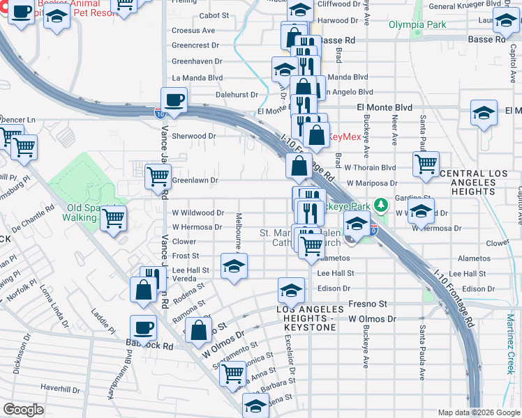map of restaurants, bars, coffee shops, grocery stores, and more near 2103 West Wildwood Drive in San Antonio
