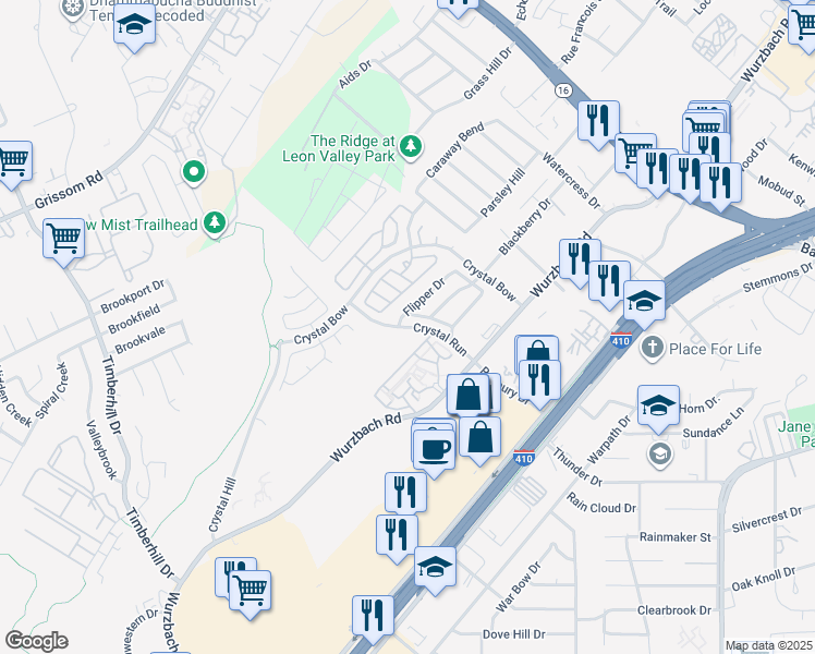 map of restaurants, bars, coffee shops, grocery stores, and more near 6408 Attucks Lane in San Antonio
