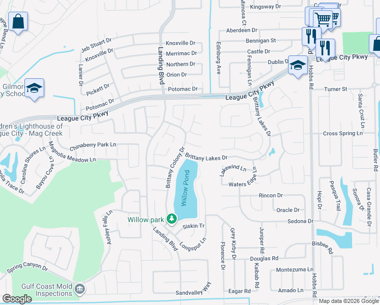 map of restaurants, bars, coffee shops, grocery stores, and more near 2514 Brittany Lakes Dr in League City