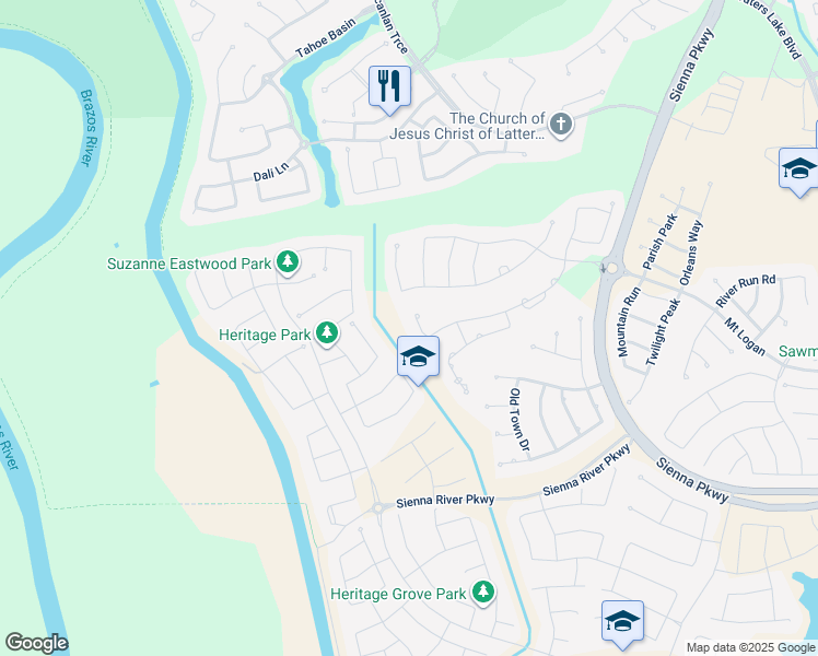 map of restaurants, bars, coffee shops, grocery stores, and more near 9210 Fox Bend Lane in Missouri City