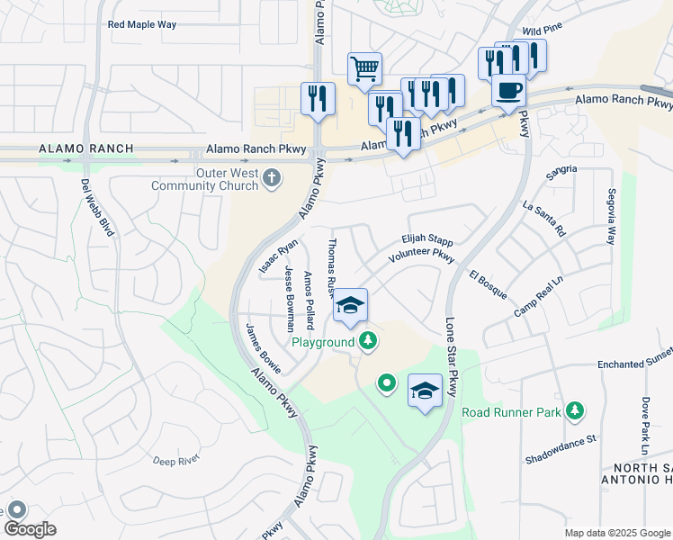 map of restaurants, bars, coffee shops, grocery stores, and more near 4642 Thomas Rusk in San Antonio