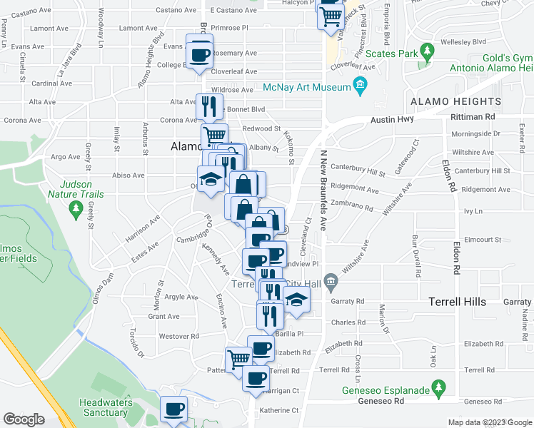 map of restaurants, bars, coffee shops, grocery stores, and more near 201 Ellwood Street in Alamo Heights
