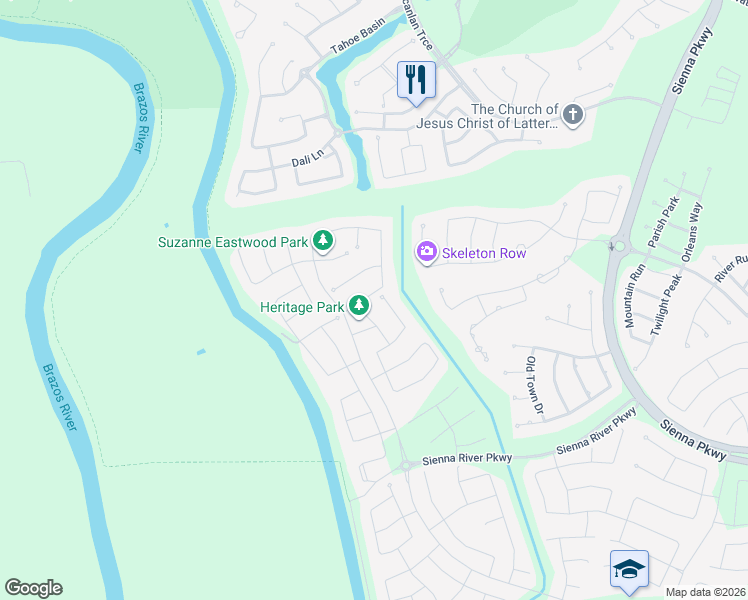 map of restaurants, bars, coffee shops, grocery stores, and more near 2343 Calm Channel Court in Sienna