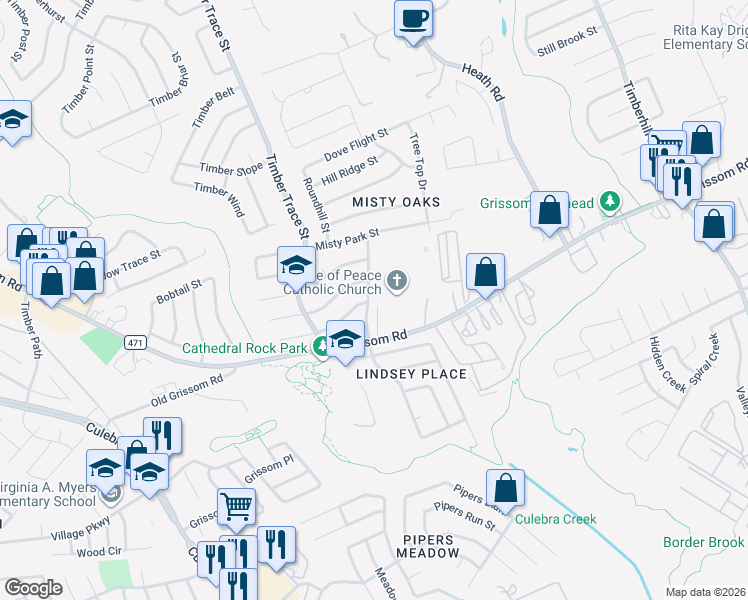 map of restaurants, bars, coffee shops, grocery stores, and more near 4802 Oakfield Way in San Antonio