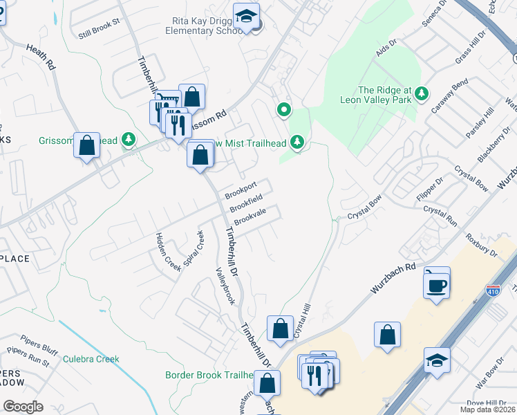 map of restaurants, bars, coffee shops, grocery stores, and more near 6823 Brookvale in San Antonio