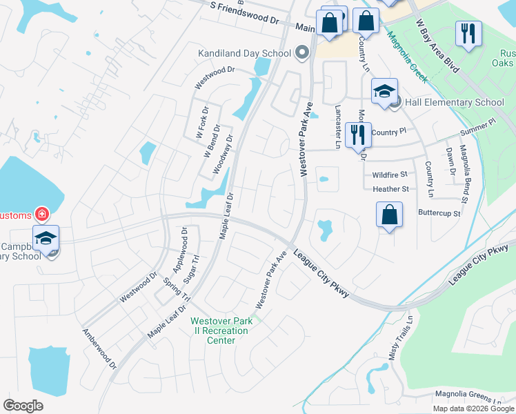 map of restaurants, bars, coffee shops, grocery stores, and more near 432 Drake Ln in League City