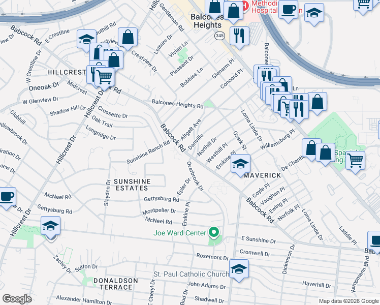 map of restaurants, bars, coffee shops, grocery stores, and more near 262 Northill Drive in San Antonio