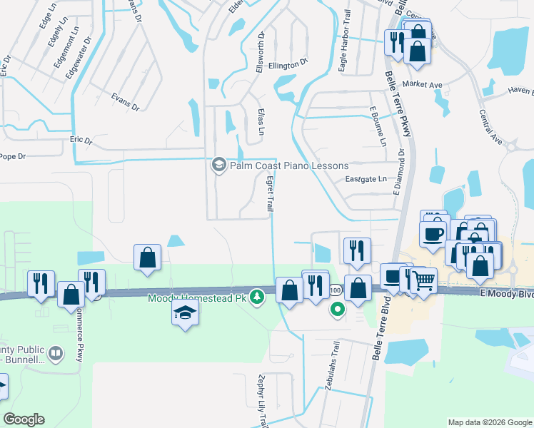 map of restaurants, bars, coffee shops, grocery stores, and more near 23 Egret Trail in Palm Coast