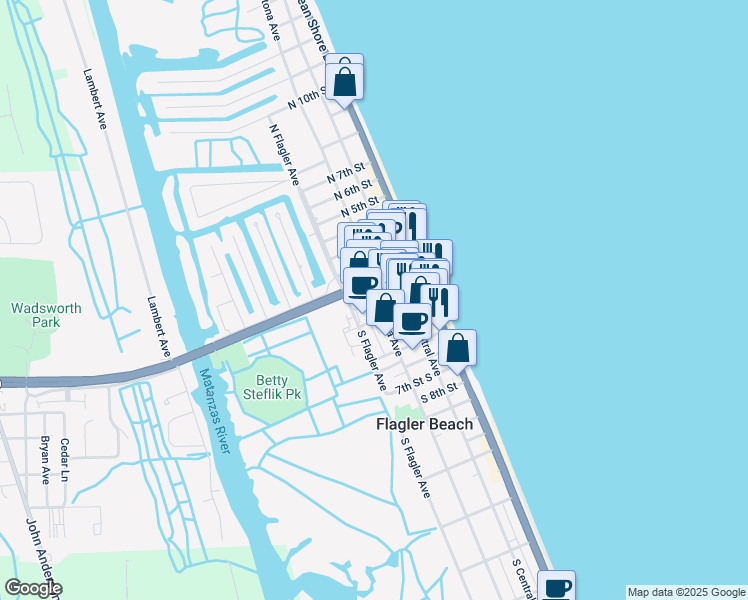 map of restaurants, bars, coffee shops, grocery stores, and more near 204 South Daytona Avenue in Flagler Beach