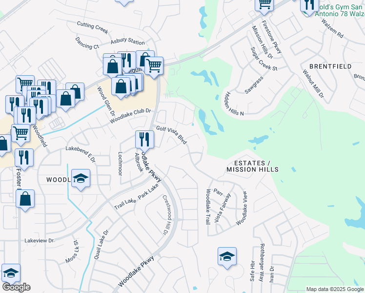 map of restaurants, bars, coffee shops, grocery stores, and more near 7303 Alcazar Gate in San Antonio