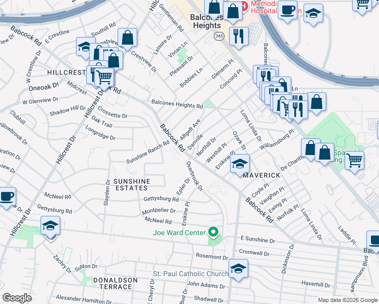 map of restaurants, bars, coffee shops, grocery stores, and more near 262 Northill Drive in San Antonio