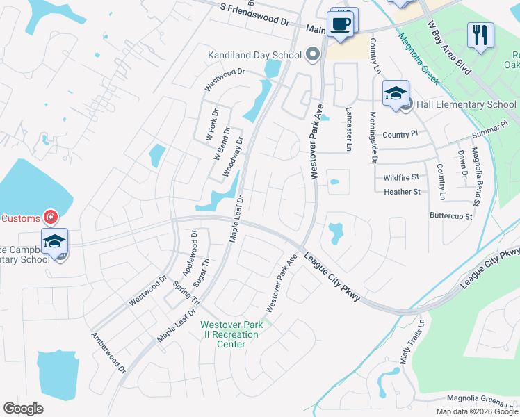 map of restaurants, bars, coffee shops, grocery stores, and more near 432 Drake Lane in League City