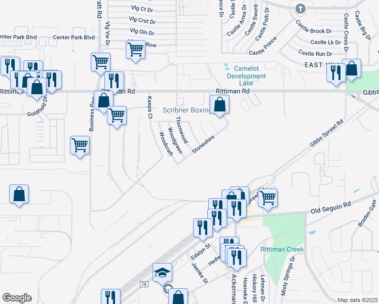 map of restaurants, bars, coffee shops, grocery stores, and more near 5802 Thornwood in San Antonio