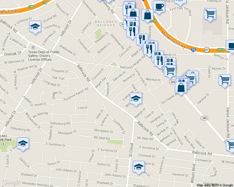 map of restaurants, bars, coffee shops, grocery stores, and more near 443 Westhill Place in San Antonio