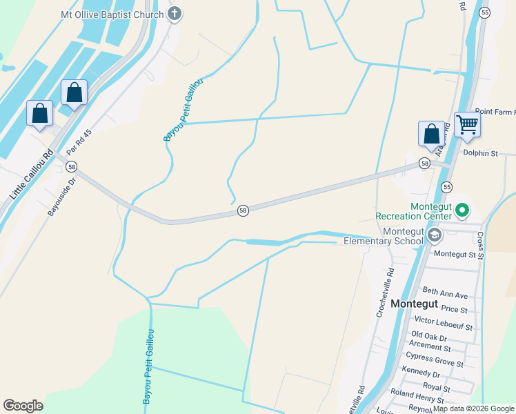 map of restaurants, bars, coffee shops, grocery stores, and more near 463 Sarah Road in Montegut
