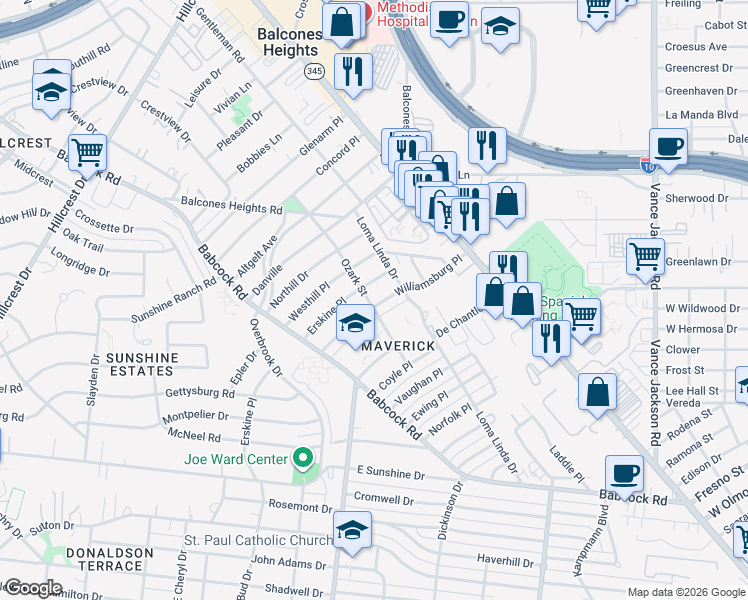 map of restaurants, bars, coffee shops, grocery stores, and more near 423 Williamsburg Place in San Antonio