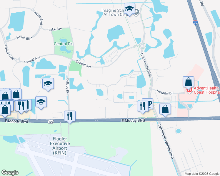 map of restaurants, bars, coffee shops, grocery stores, and more near 195 Brookhaven Drive in Palm Coast