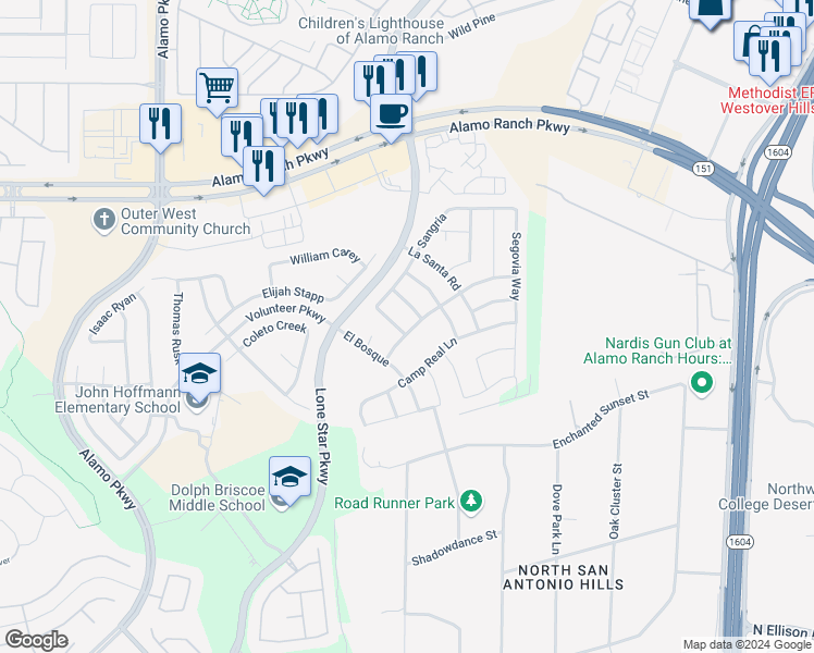 map of restaurants, bars, coffee shops, grocery stores, and more near 4802 Barboli in San Antonio