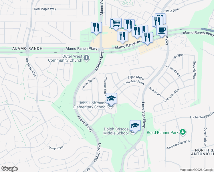 map of restaurants, bars, coffee shops, grocery stores, and more near 4642 Thomas Rusk in San Antonio