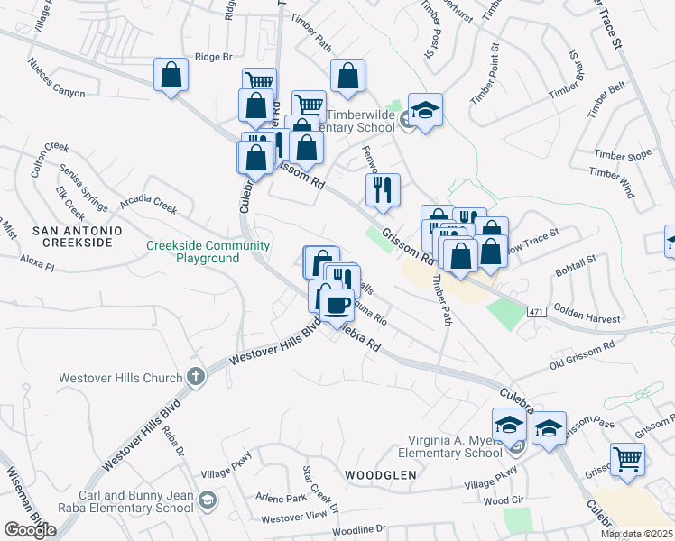 map of restaurants, bars, coffee shops, grocery stores, and more near 9102 Laguna Falls in San Antonio