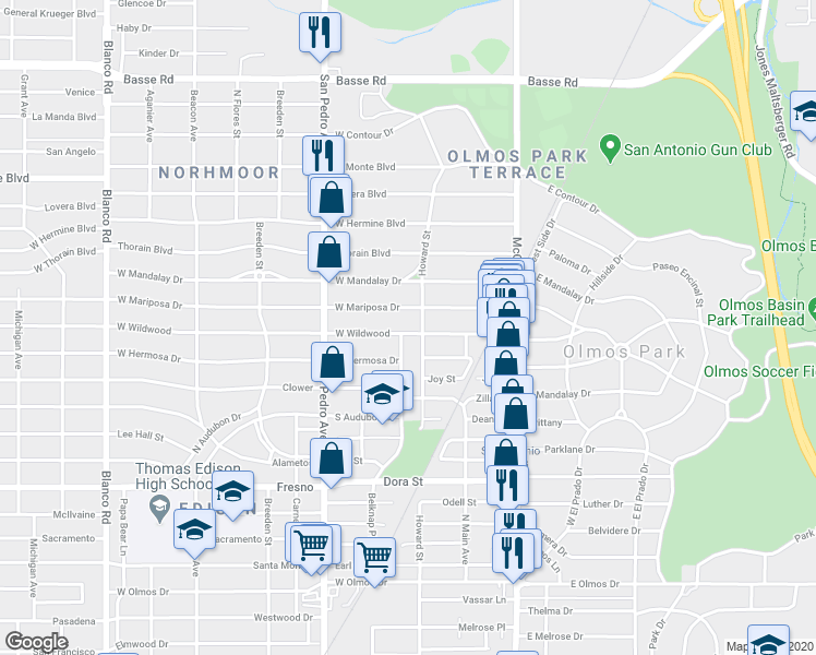 map of restaurants, bars, coffee shops, grocery stores, and more near 211 West Wildwood in San Antonio