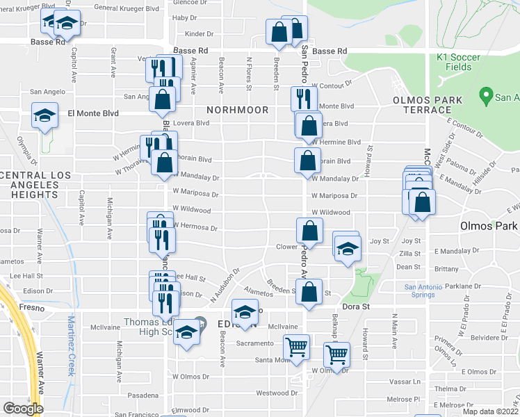 map of restaurants, bars, coffee shops, grocery stores, and more near 407 West Wildwood in San Antonio