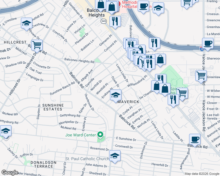 map of restaurants, bars, coffee shops, grocery stores, and more near 219 Erskine Place in San Antonio