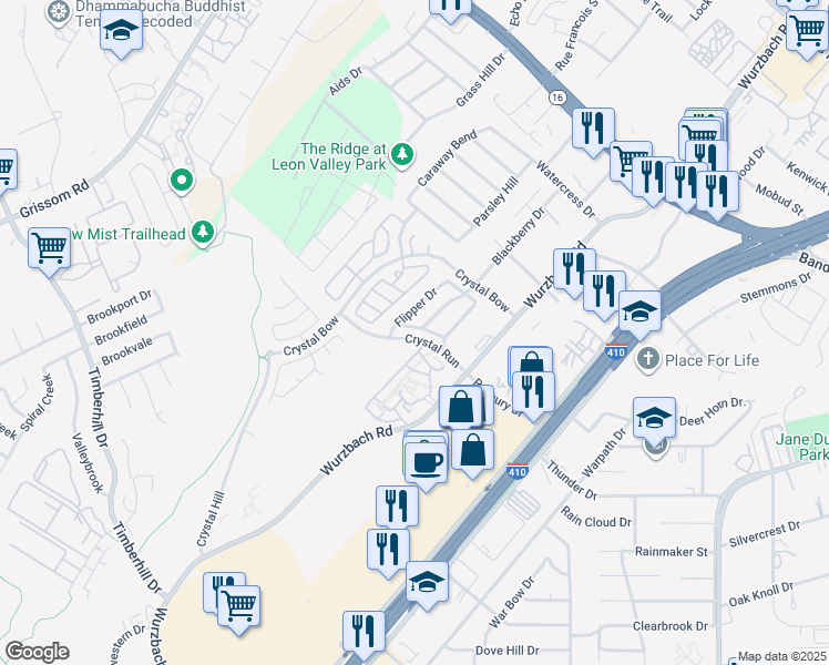 map of restaurants, bars, coffee shops, grocery stores, and more near 6408 Attucks Lane in San Antonio