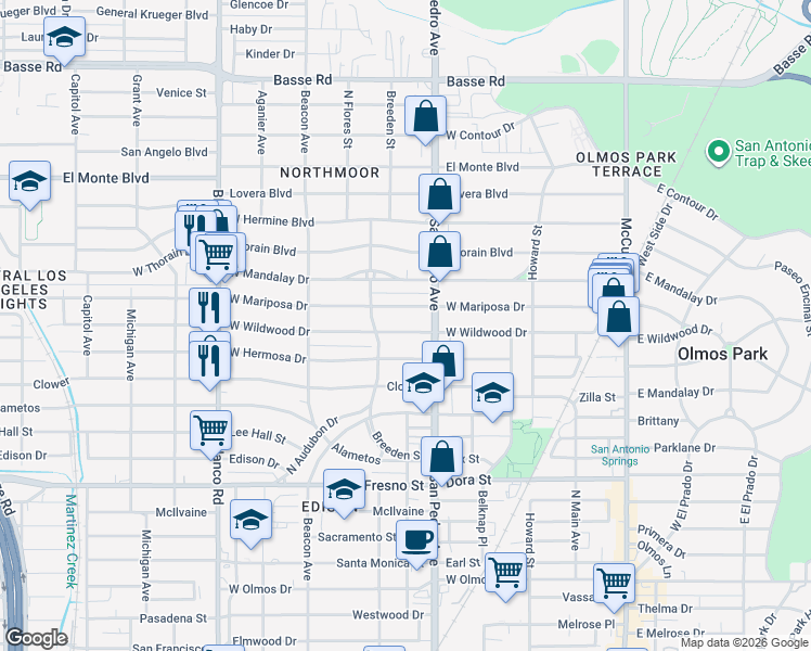 map of restaurants, bars, coffee shops, grocery stores, and more near 323 West Wildwood Drive in San Antonio