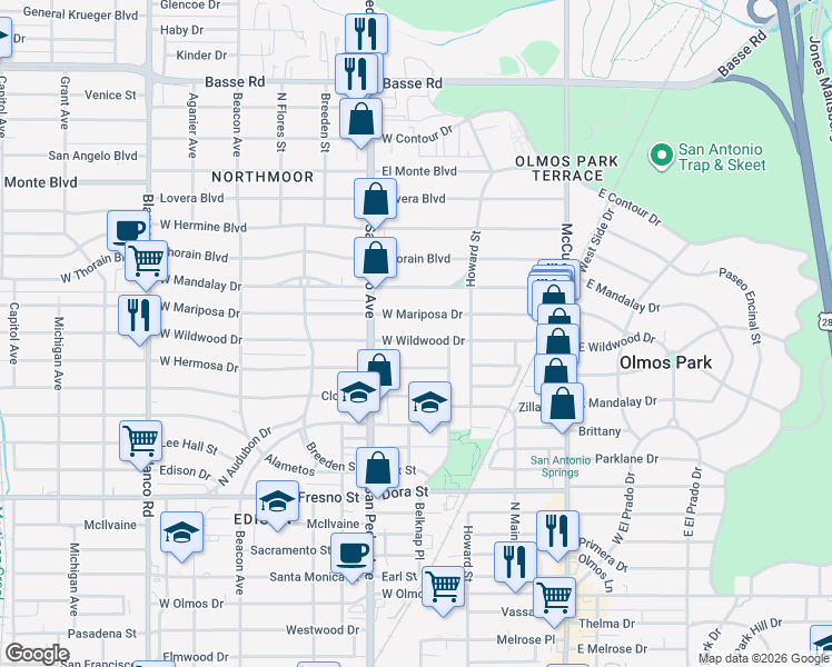 map of restaurants, bars, coffee shops, grocery stores, and more near 251 West Wildwood in San Antonio