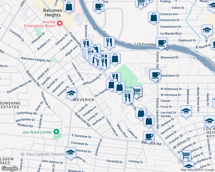 map of restaurants, bars, coffee shops, grocery stores, and more near 135 De Chantle Road in San Antonio