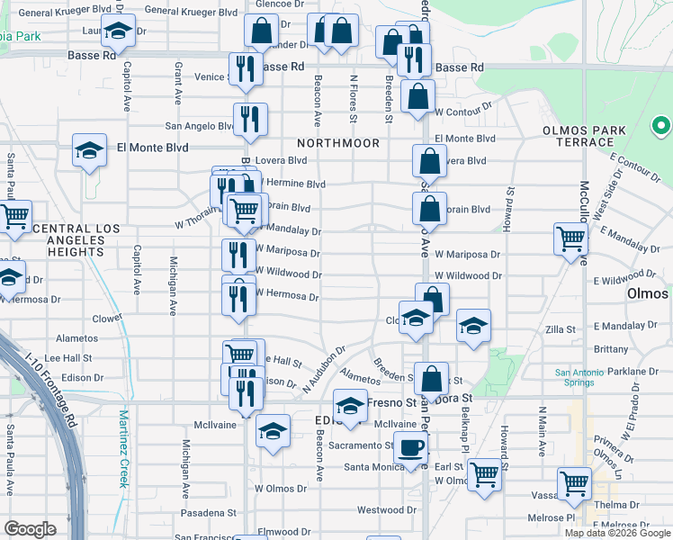 map of restaurants, bars, coffee shops, grocery stores, and more near 439 West Wildwood Drive in San Antonio