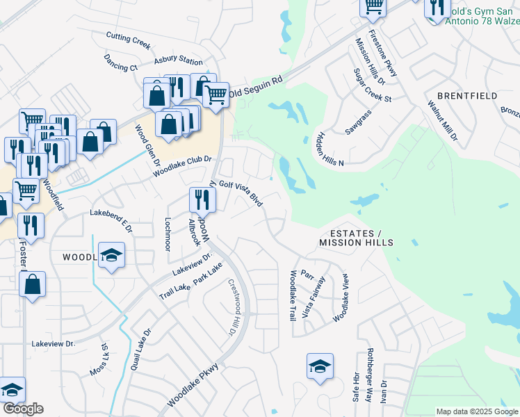 map of restaurants, bars, coffee shops, grocery stores, and more near 7303 Alcazar Gate in San Antonio