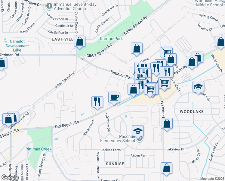 map of restaurants, bars, coffee shops, grocery stores, and more near 5495 Seguin Road in San Antonio