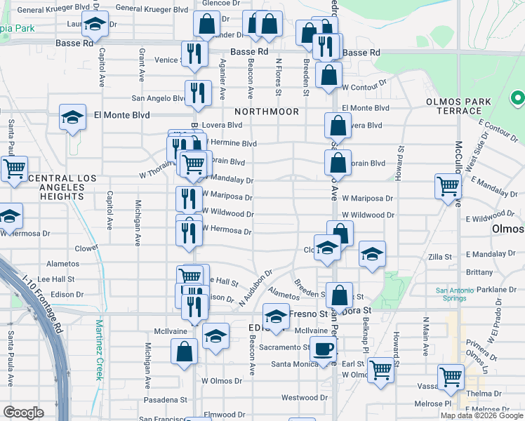 map of restaurants, bars, coffee shops, grocery stores, and more near 439 West Wildwood in San Antonio