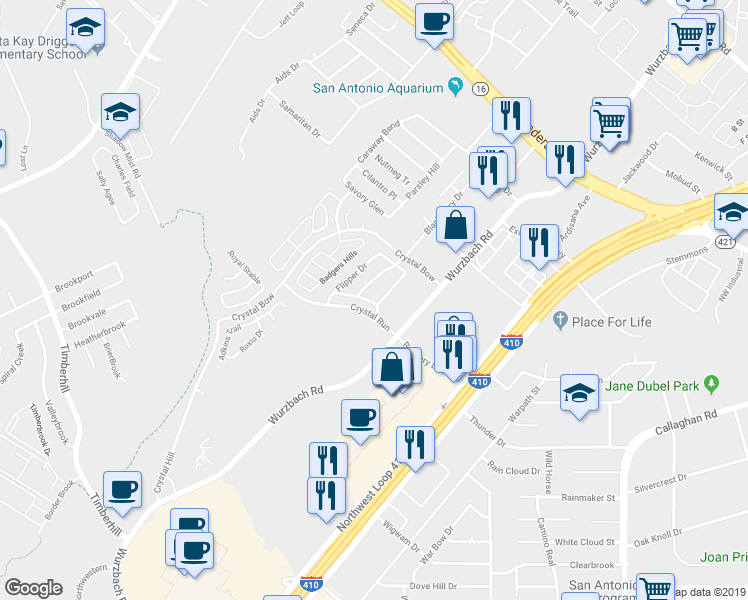 map of restaurants, bars, coffee shops, grocery stores, and more near 4804 Appleseed Court in San Antonio