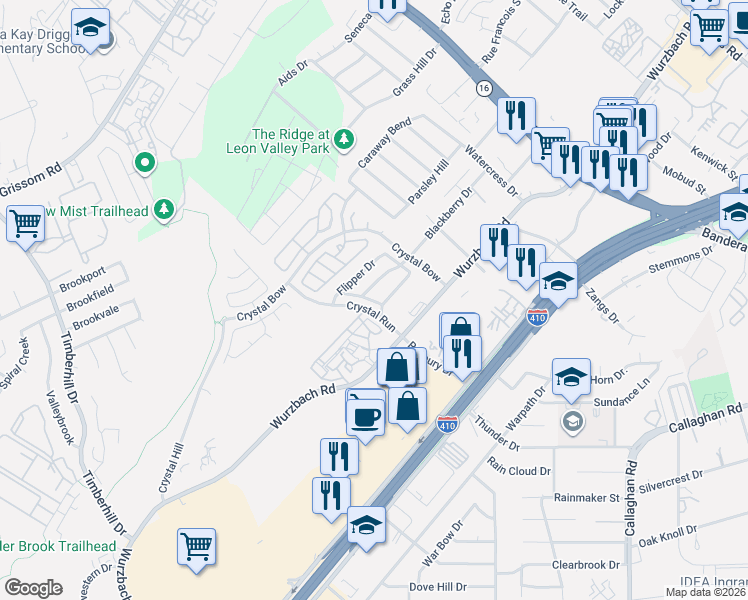 map of restaurants, bars, coffee shops, grocery stores, and more near 4804 Appleseed Court in San Antonio