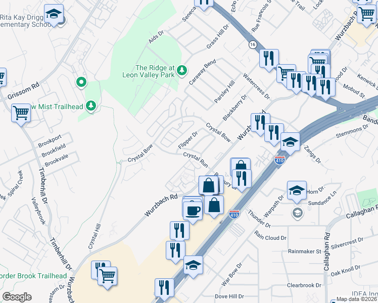 map of restaurants, bars, coffee shops, grocery stores, and more near 6408 Attucks Lane in San Antonio