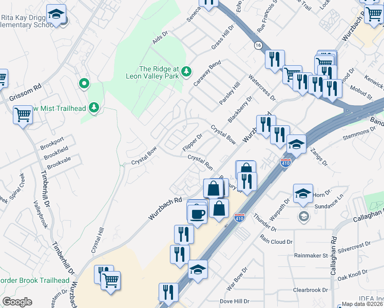 map of restaurants, bars, coffee shops, grocery stores, and more near 6414 Attucks Lane in San Antonio