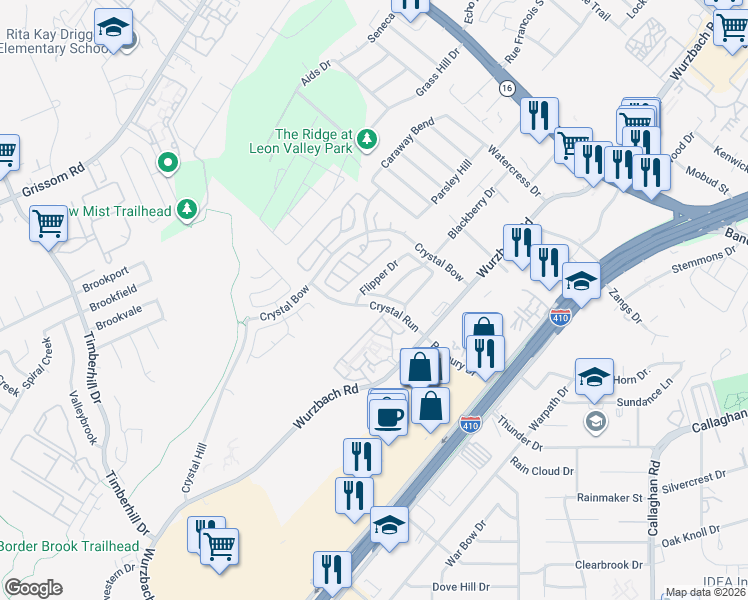 map of restaurants, bars, coffee shops, grocery stores, and more near 6408 Attucks Lane in San Antonio