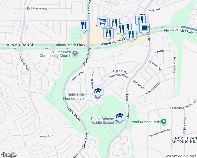 map of restaurants, bars, coffee shops, grocery stores, and more near 12102 Elijah Stapp in San Antonio