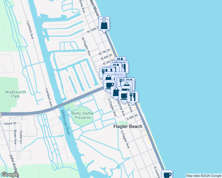 map of restaurants, bars, coffee shops, grocery stores, and more near 180 South Daytona Avenue in Flagler Beach
