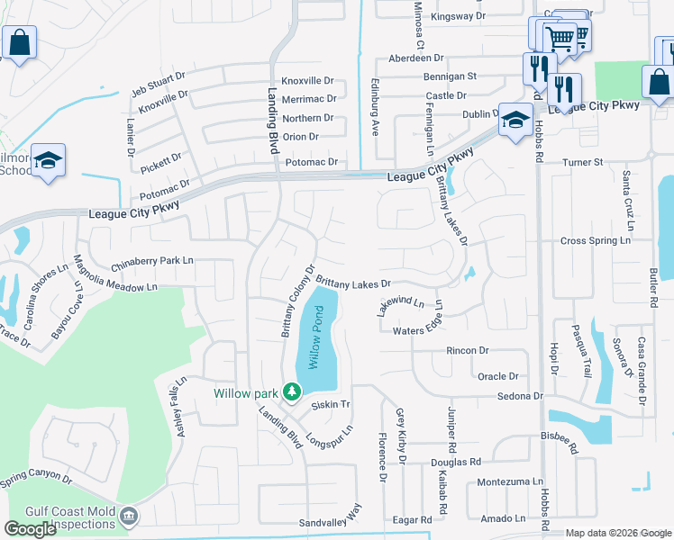 map of restaurants, bars, coffee shops, grocery stores, and more near 2514 Brittany Lakes Drive in League City