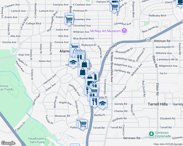 map of restaurants, bars, coffee shops, grocery stores, and more near 101 Fenimore Avenue in San Antonio