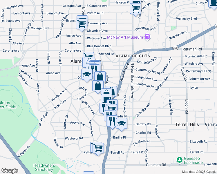 map of restaurants, bars, coffee shops, grocery stores, and more near 101 Fenimore Avenue in San Antonio