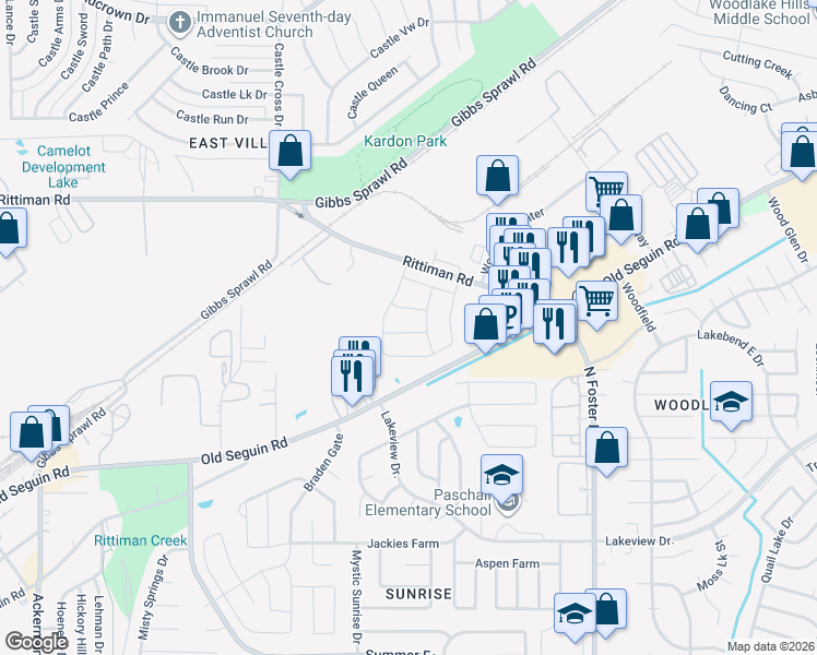 map of restaurants, bars, coffee shops, grocery stores, and more near 5495 Seguin Road in San Antonio
