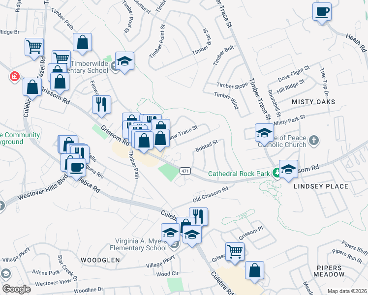map of restaurants, bars, coffee shops, grocery stores, and more near 8874 Meadow Range Street in San Antonio