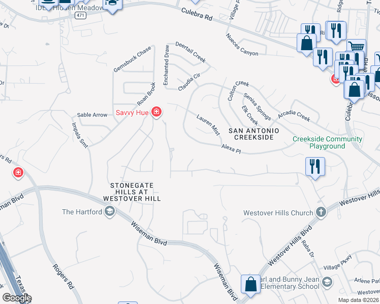 map of restaurants, bars, coffee shops, grocery stores, and more near 4719 Barons Ridge Drive in San Antonio