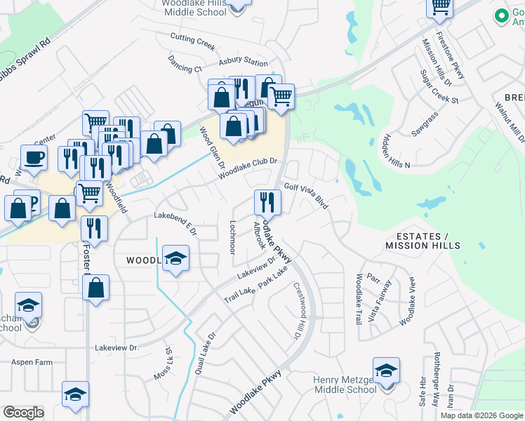 map of restaurants, bars, coffee shops, grocery stores, and more near 5610 Allbrook in San Antonio